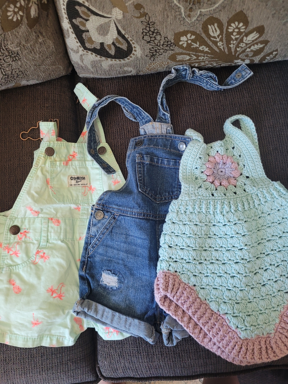 Toddler Denim Shortie Overalls + Mint & Crochet Romper Bundle